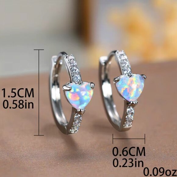 18k White Gold Opal Diamond Earrings Heart Shaped Opal Hoop Earrings - Picture 6 of 6